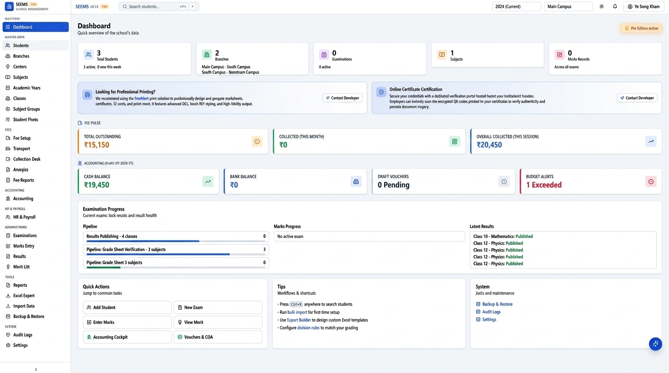 SEEMS ERP Pro School Management Dashboard